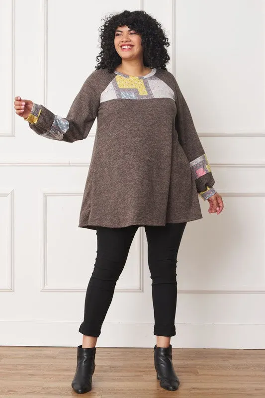 Plus Size Patchwork Panel Accent A-Line Tunic