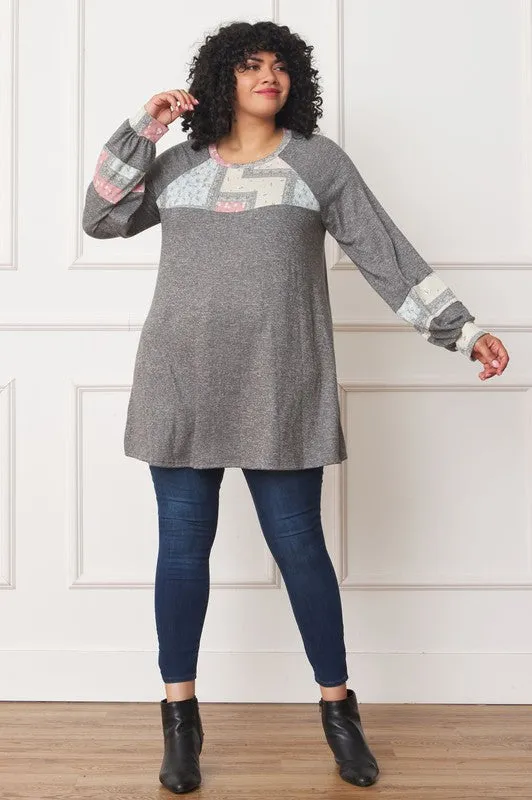 Plus Size Patchwork Panel Accent A-Line Tunic