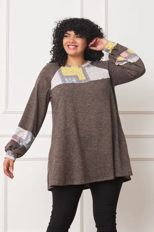 Plus Size Patchwork Panel Accent A-Line Tunic