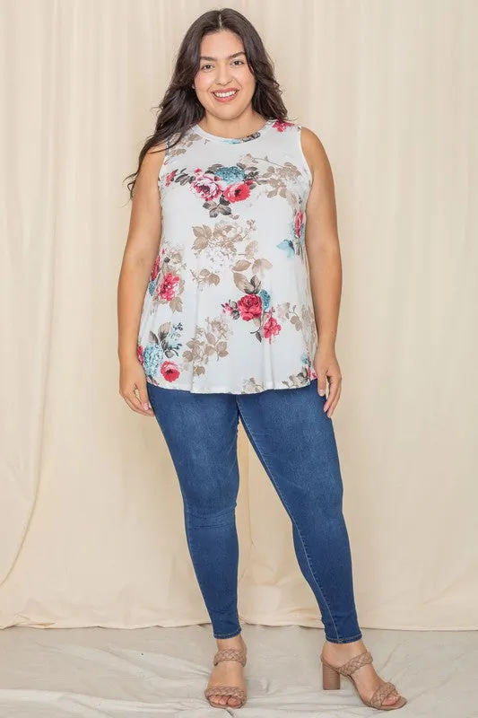 Plus Size Sleeveless Floral Print Tunic Top