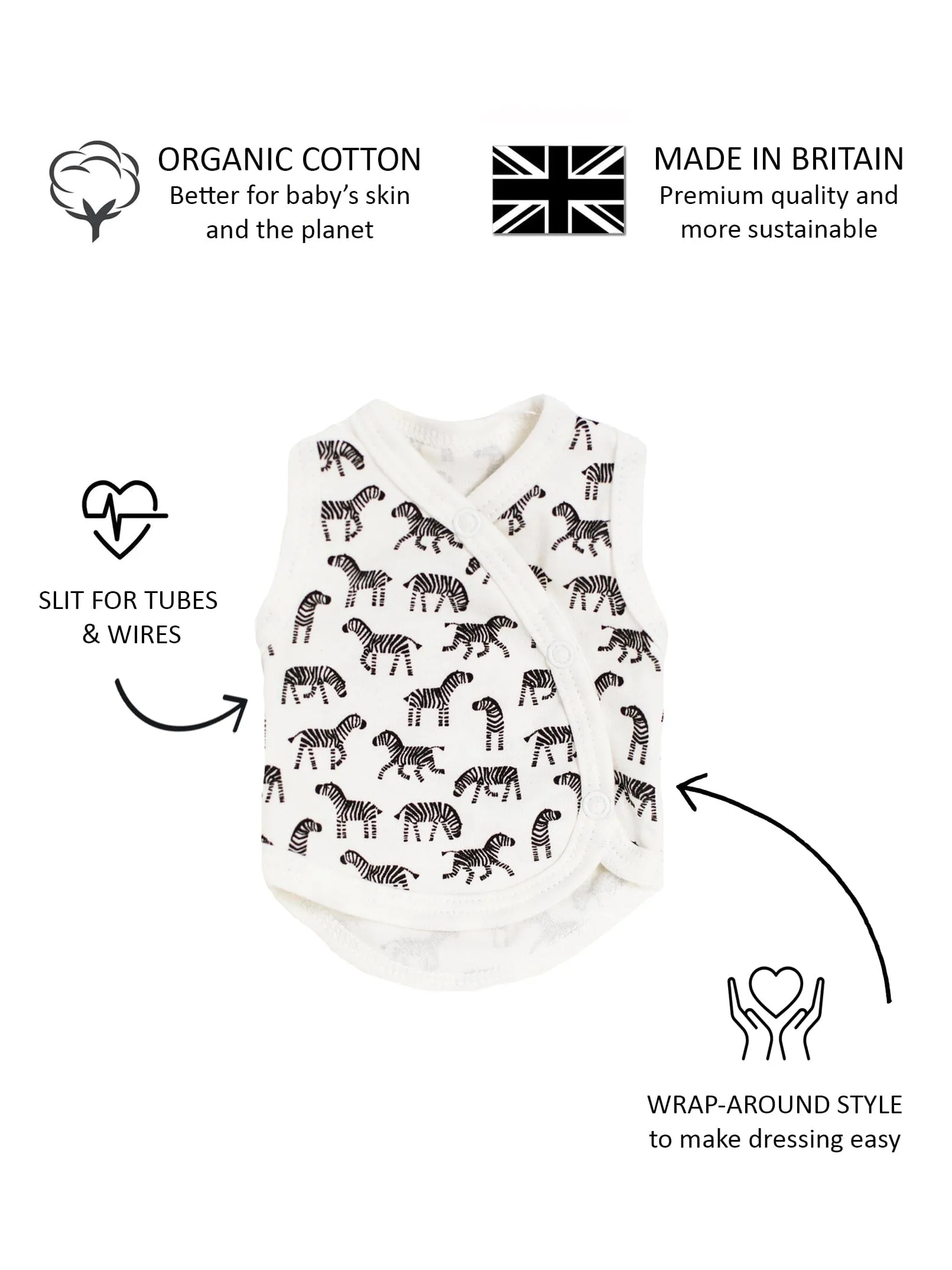 Preemie Incubator Vest, Little Zebras, 100% Organic Cotton