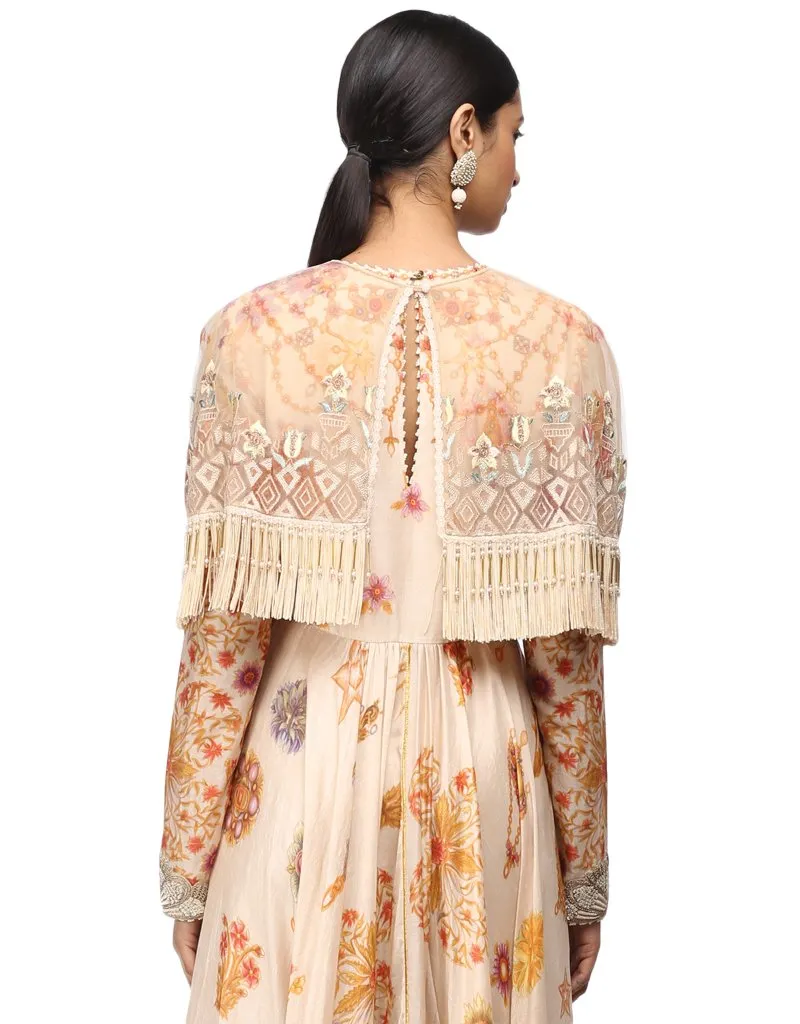 Printed Cape with Handcrafted Embroidery- Ivory