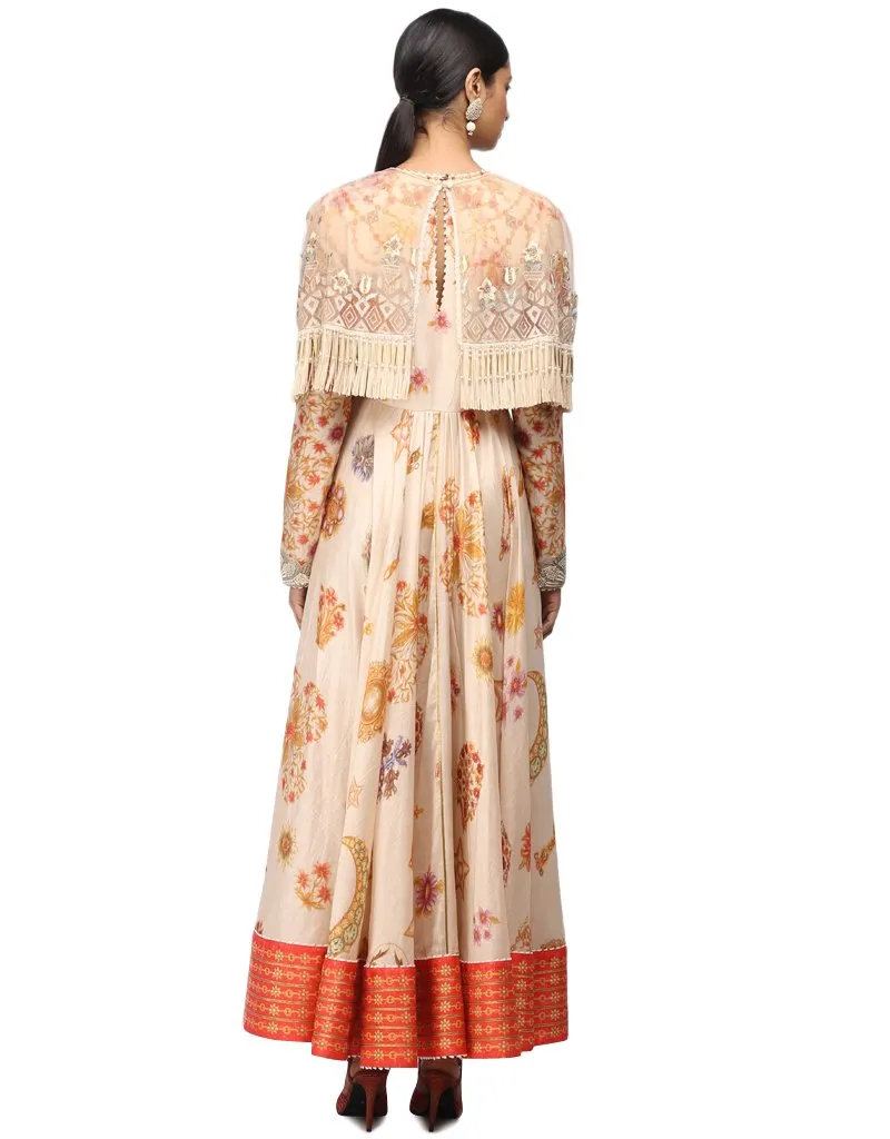 Printed Cape with Handcrafted Embroidery- Ivory