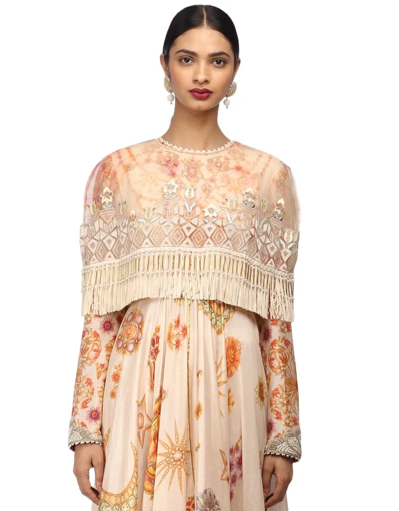 Printed Cape with Handcrafted Embroidery- Ivory