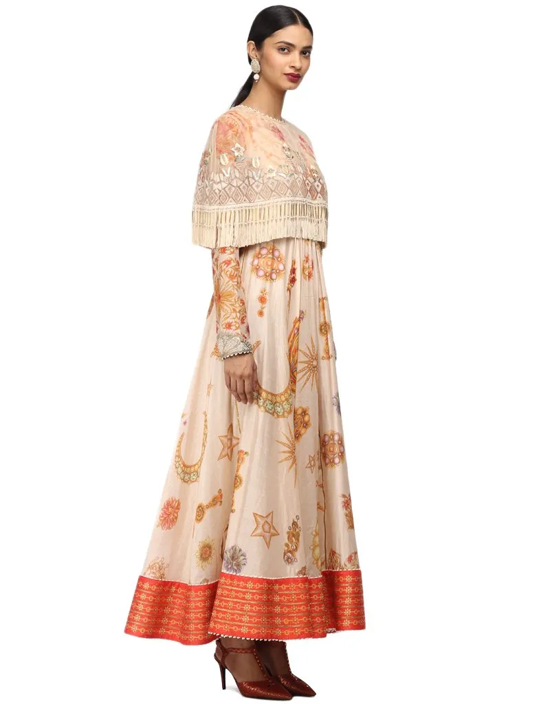 Printed Cape with Handcrafted Embroidery- Ivory