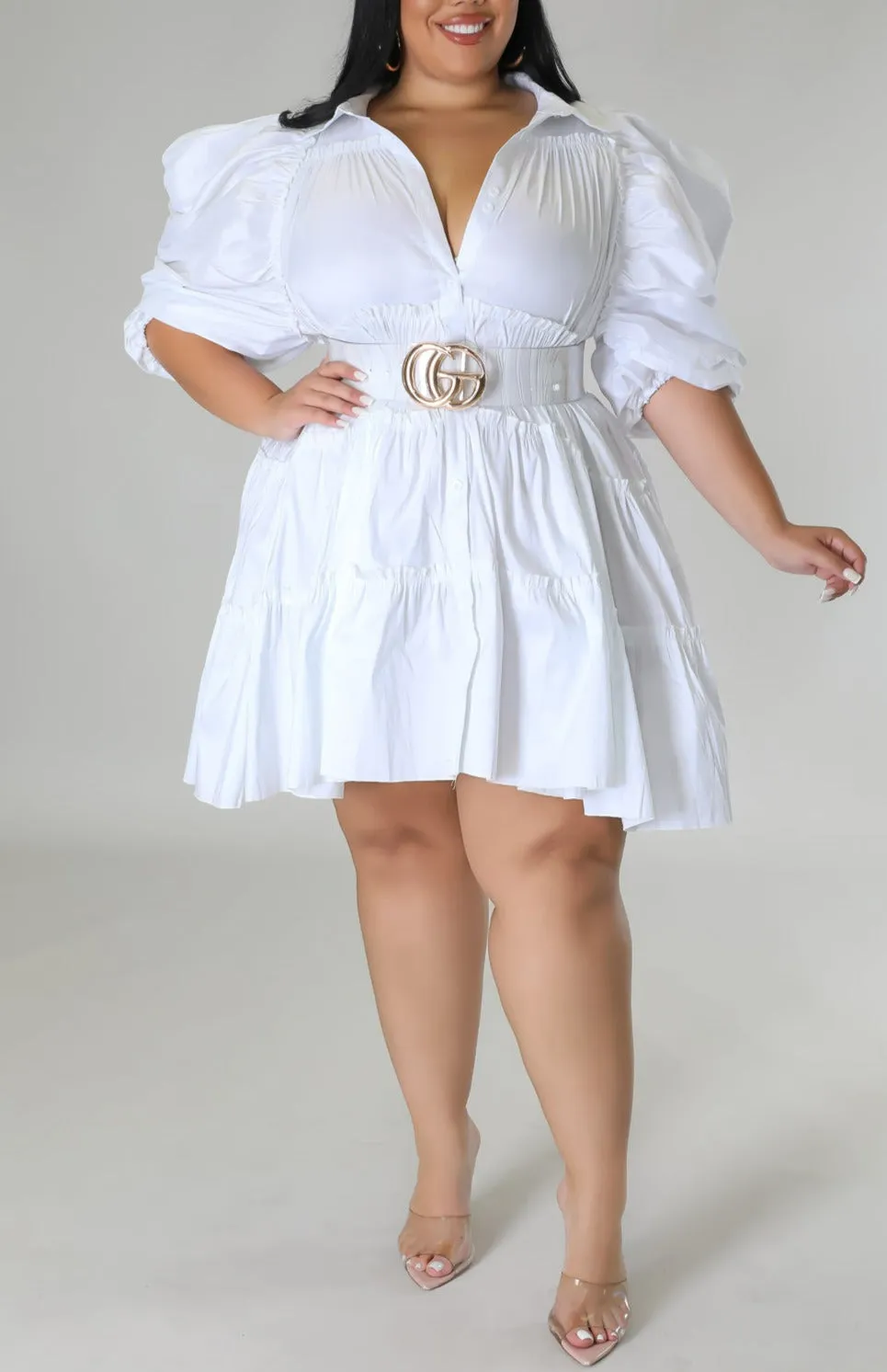 Puff Shoulder Babydoll Dress (Curvy)