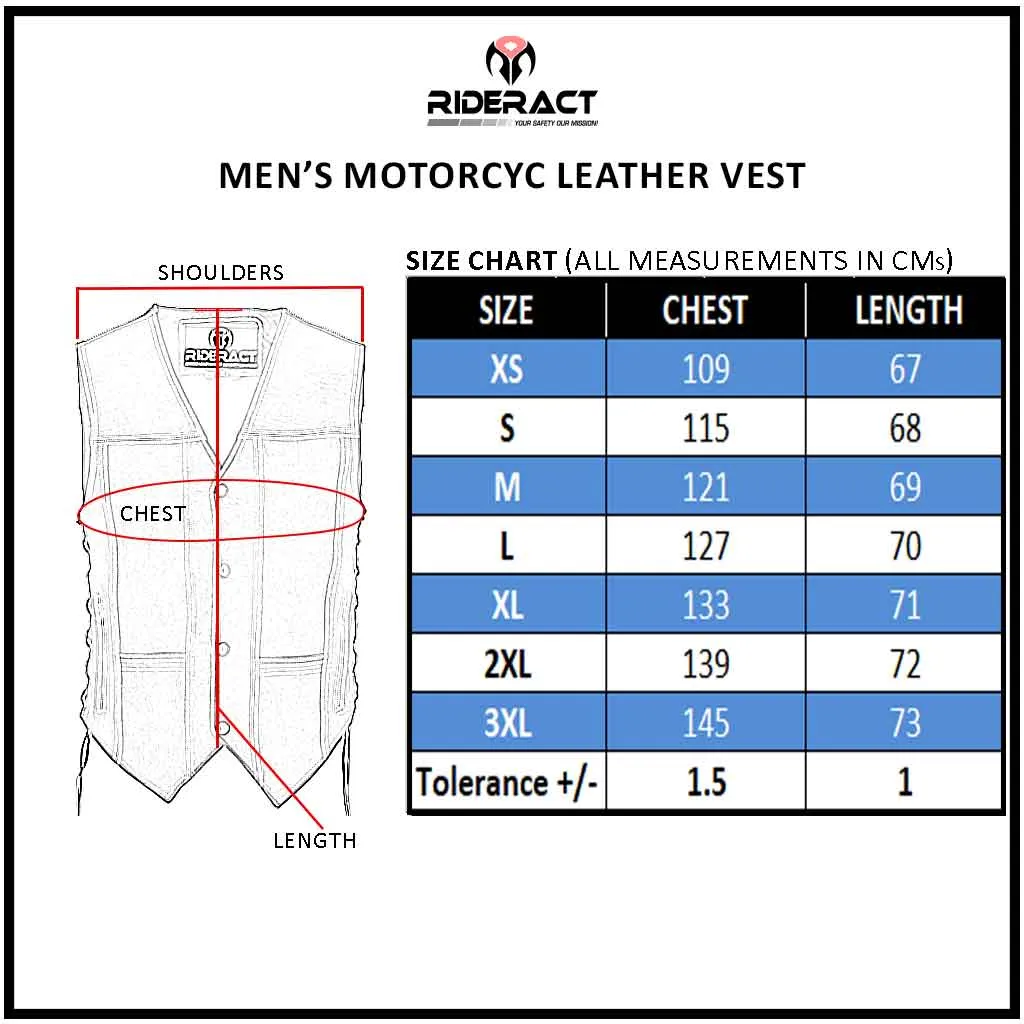 RIDERACT® Leather Motorcycle Vest SOA Button & Zipper Dual Closure