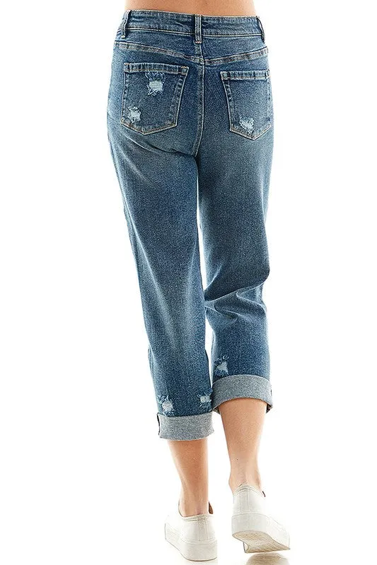 ROOL-UP DISTRESSED  HIGH RISE STRETCH MOM JEANS