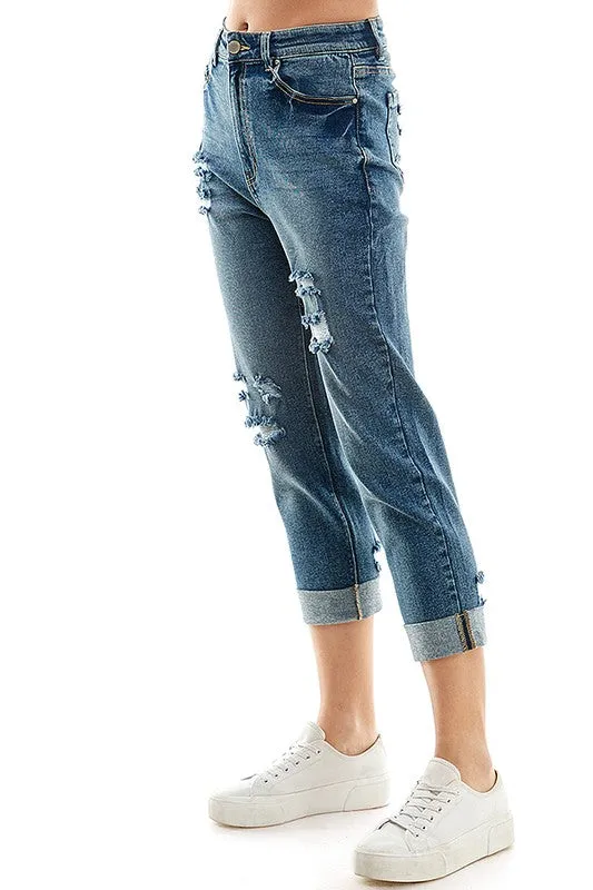 ROOL-UP DISTRESSED  HIGH RISE STRETCH MOM JEANS