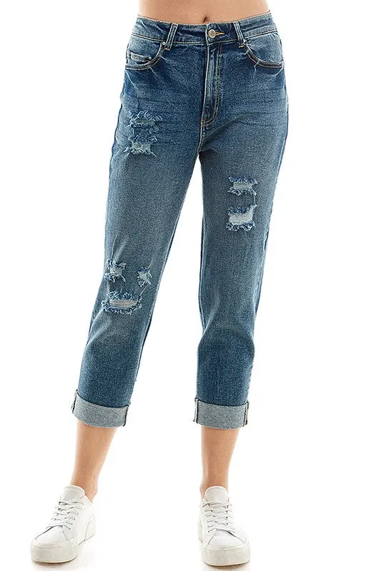 ROOL-UP DISTRESSED  HIGH RISE STRETCH MOM JEANS