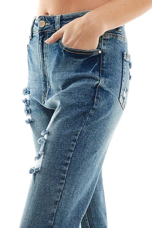 ROOL-UP DISTRESSED  HIGH RISE STRETCH MOM JEANS