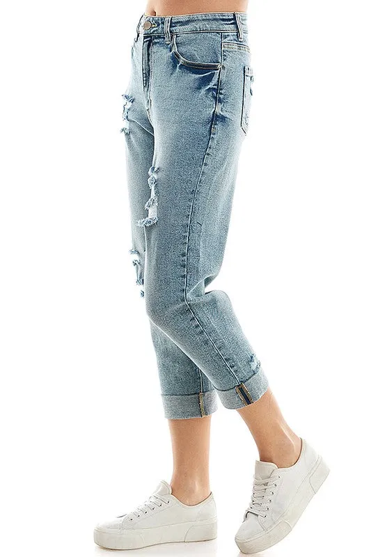 ROOL-UP DISTRESSED  HIGH RISE STRETCH MOM JEANS