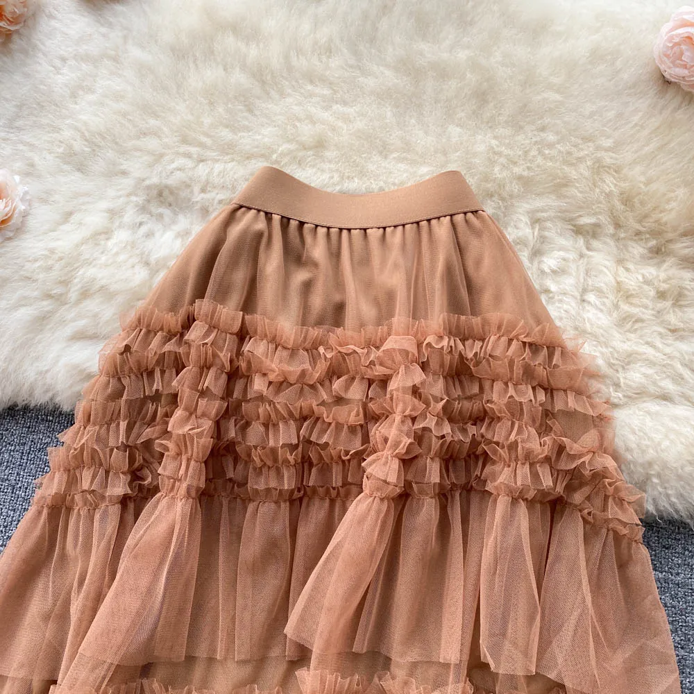 Ruffled Mesh Irregular Layered Skirt