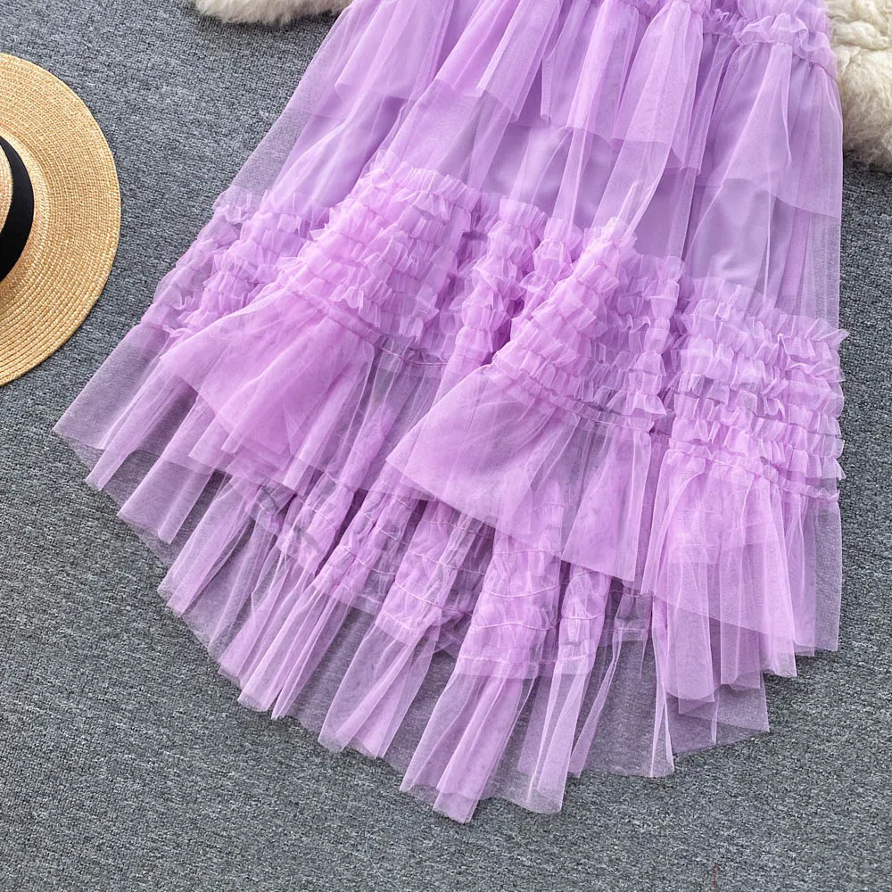 Ruffled Mesh Irregular Layered Skirt