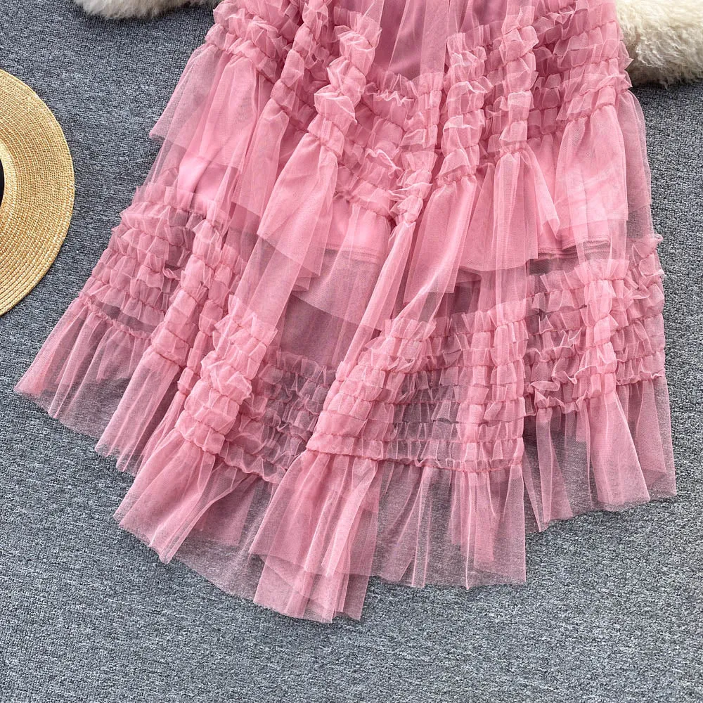 Ruffled Mesh Irregular Layered Skirt