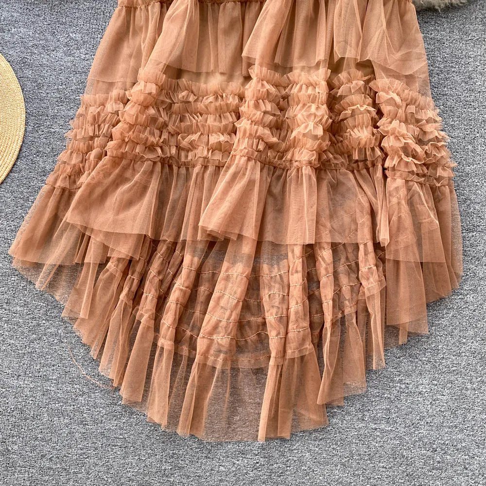 Ruffled Mesh Irregular Layered Skirt