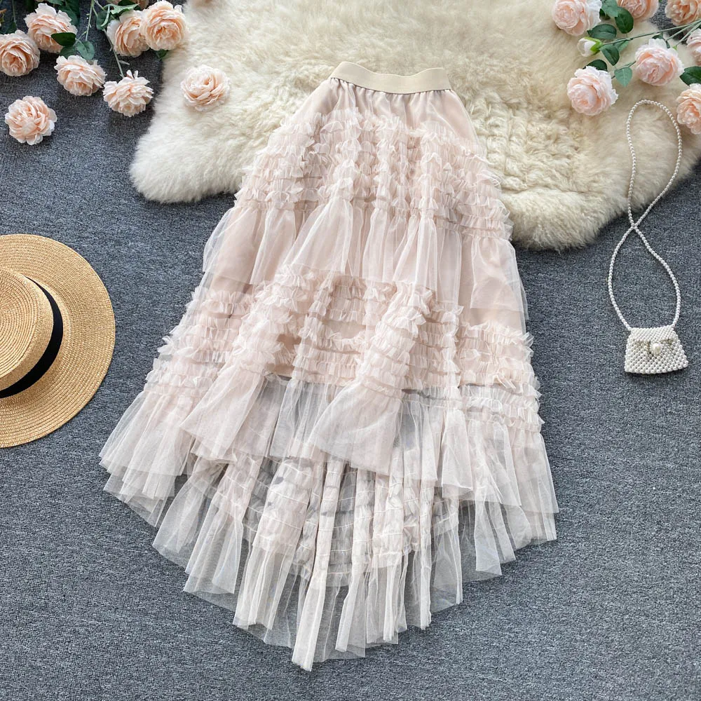 Ruffled Mesh Irregular Layered Skirt