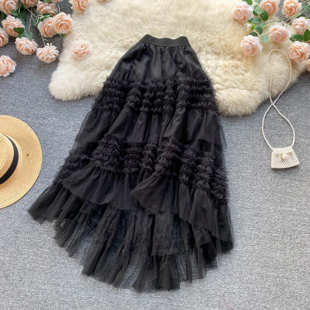 Ruffled Mesh Irregular Layered Skirt