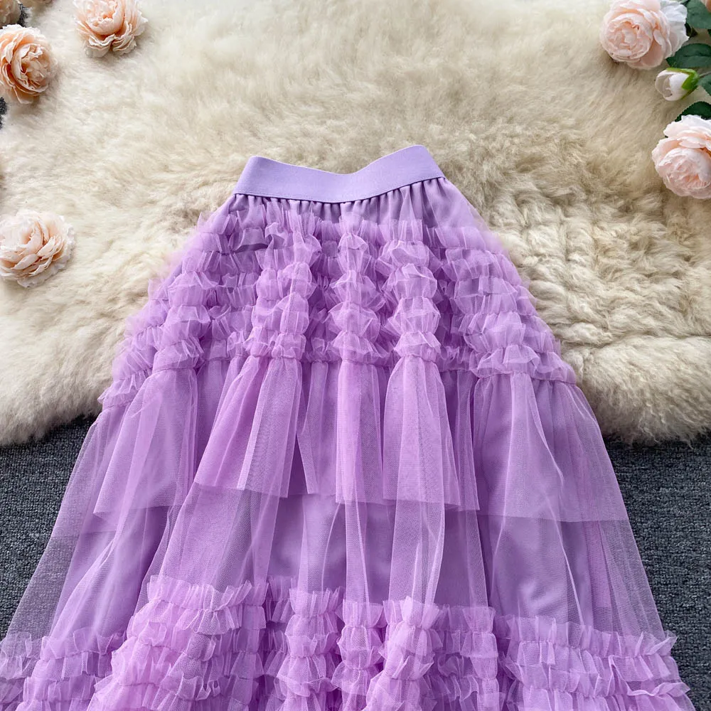 Ruffled Mesh Irregular Layered Skirt