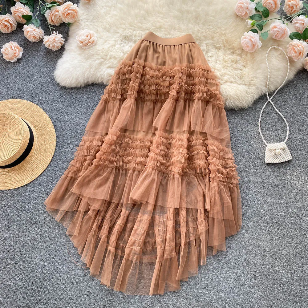 Ruffled Mesh Irregular Layered Skirt