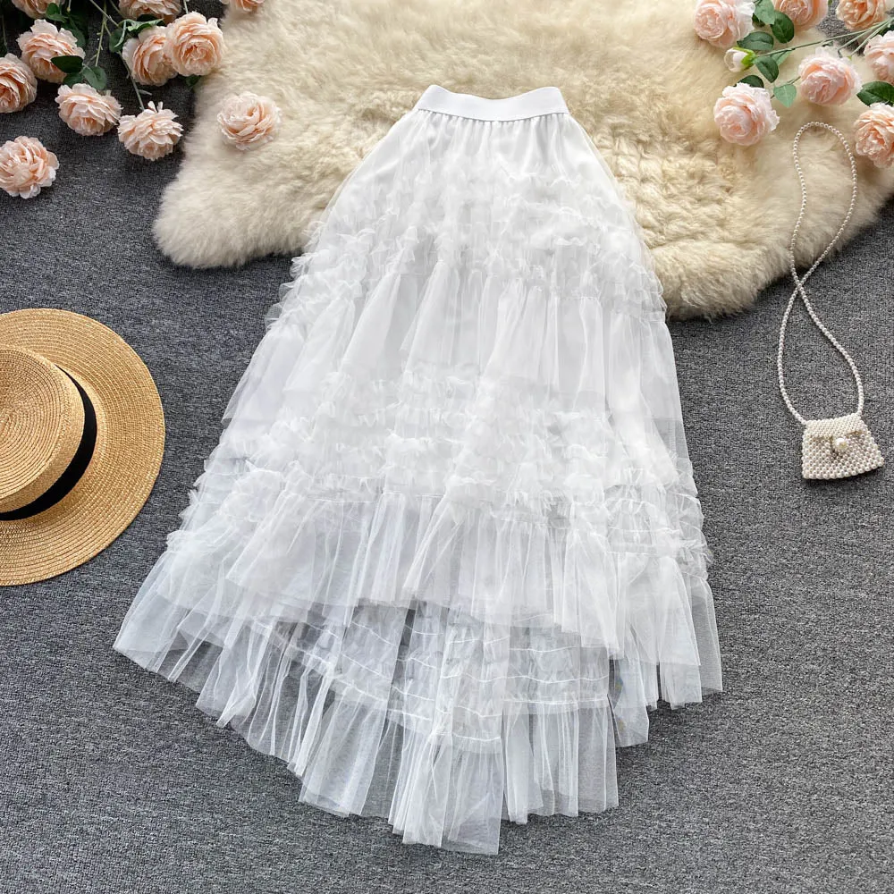 Ruffled Mesh Irregular Layered Skirt