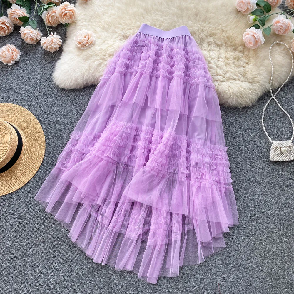 Ruffled Mesh Irregular Layered Skirt