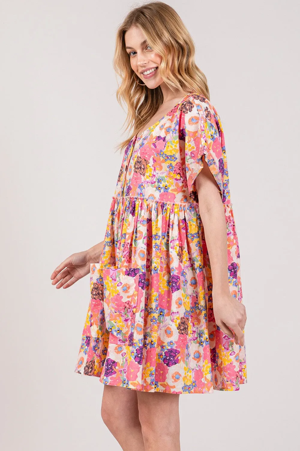 SAGE   FIG Floral Short Sleeve Babydoll Dress with Pockets