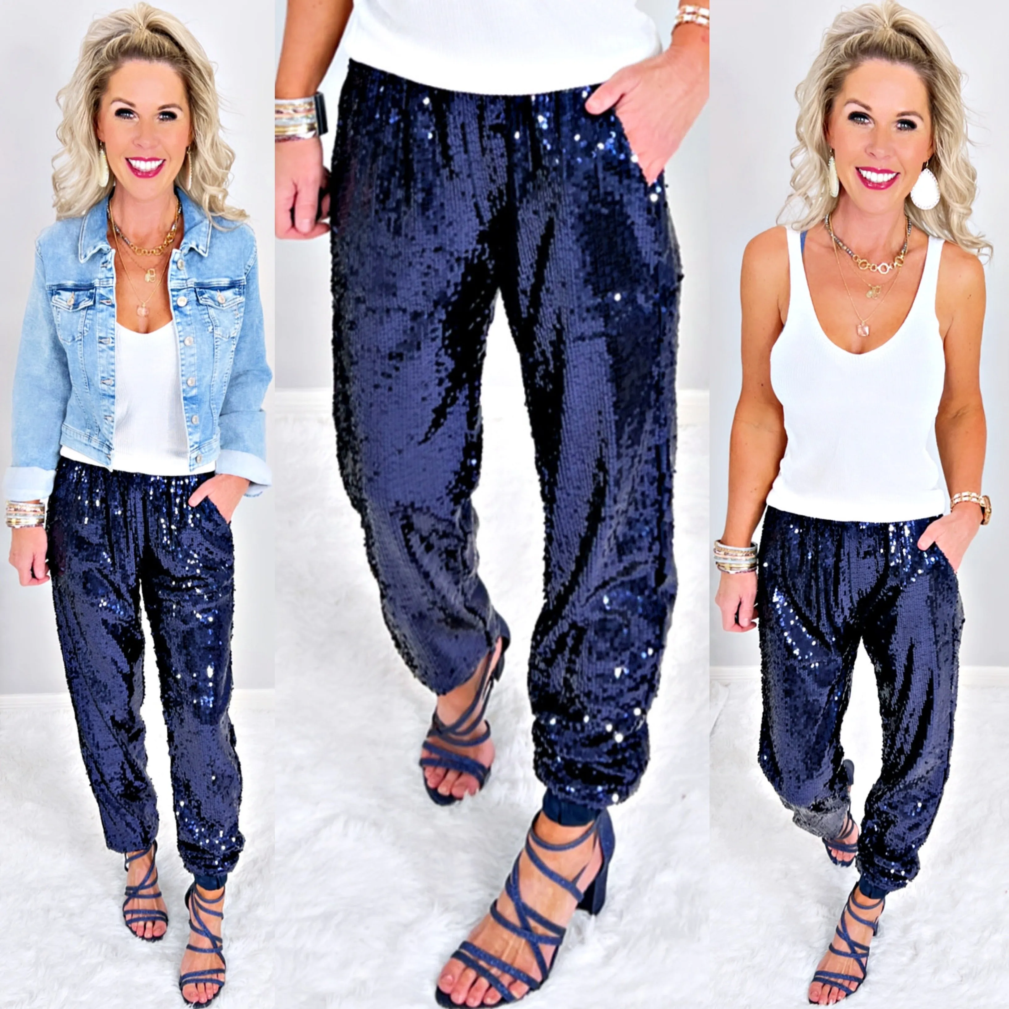 Sequin Joggers -Navy