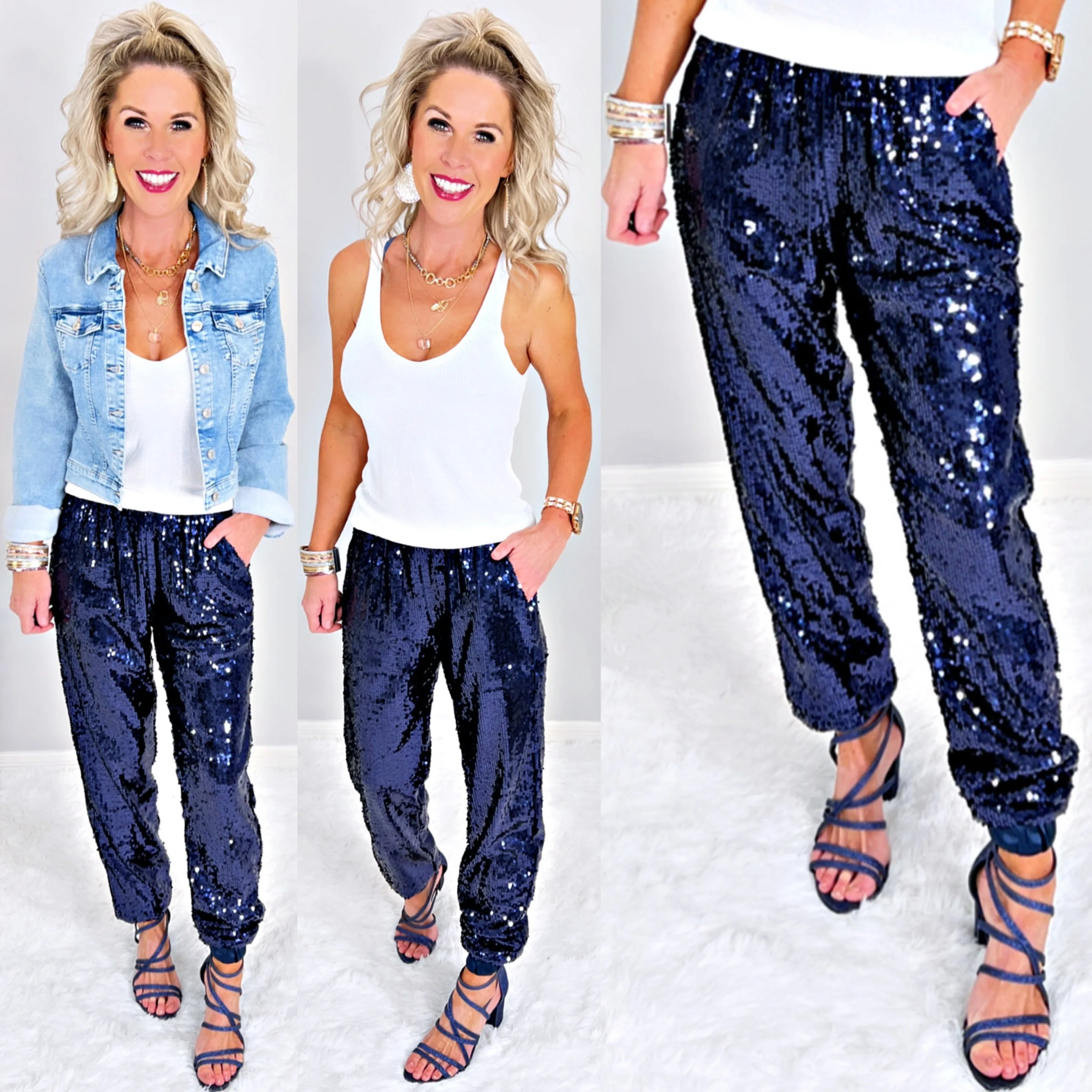 Sequin Joggers -Navy