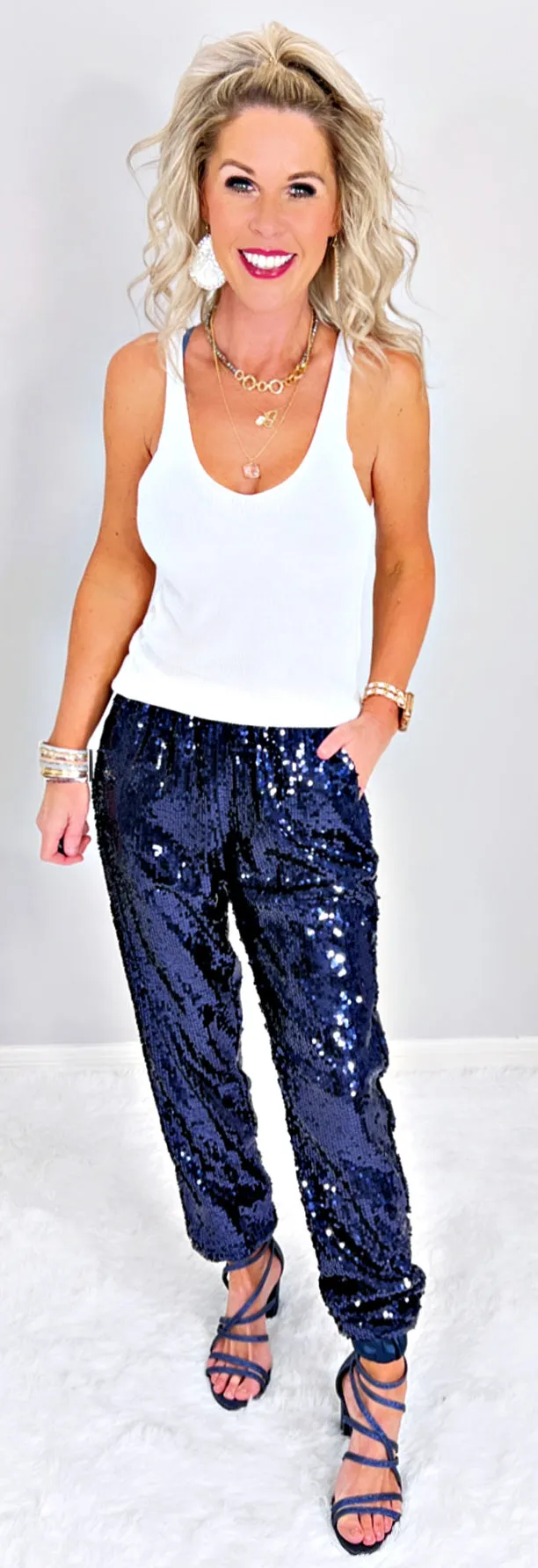 Sequin Joggers -Navy