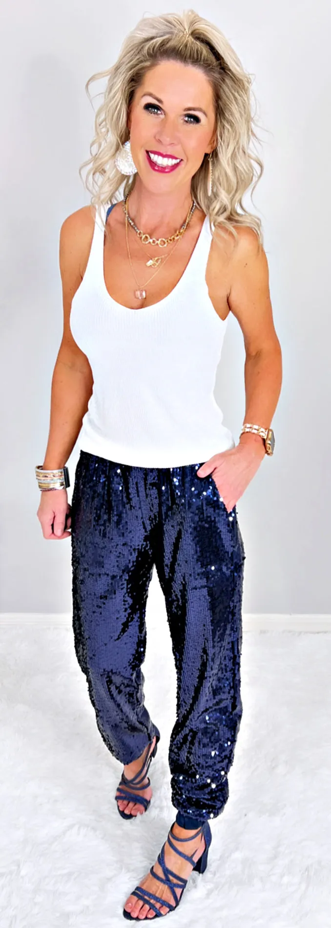 Sequin Joggers -Navy