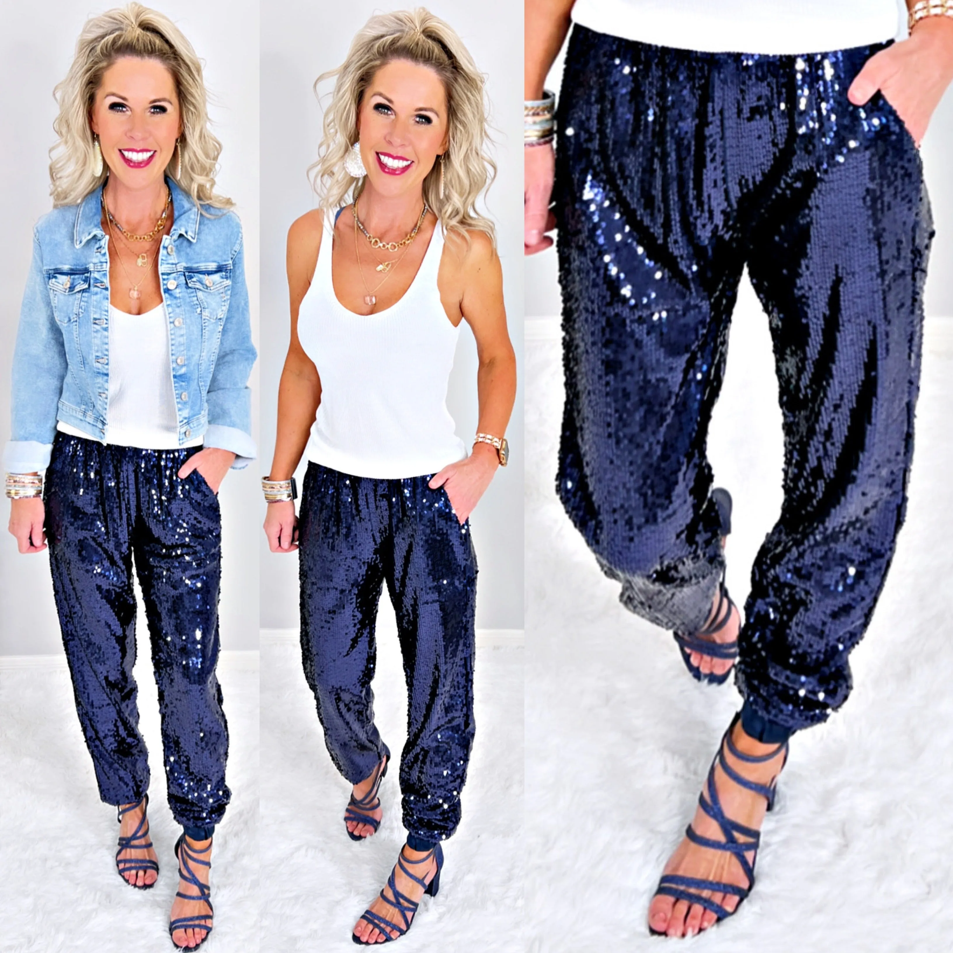 Sequin Joggers -Navy