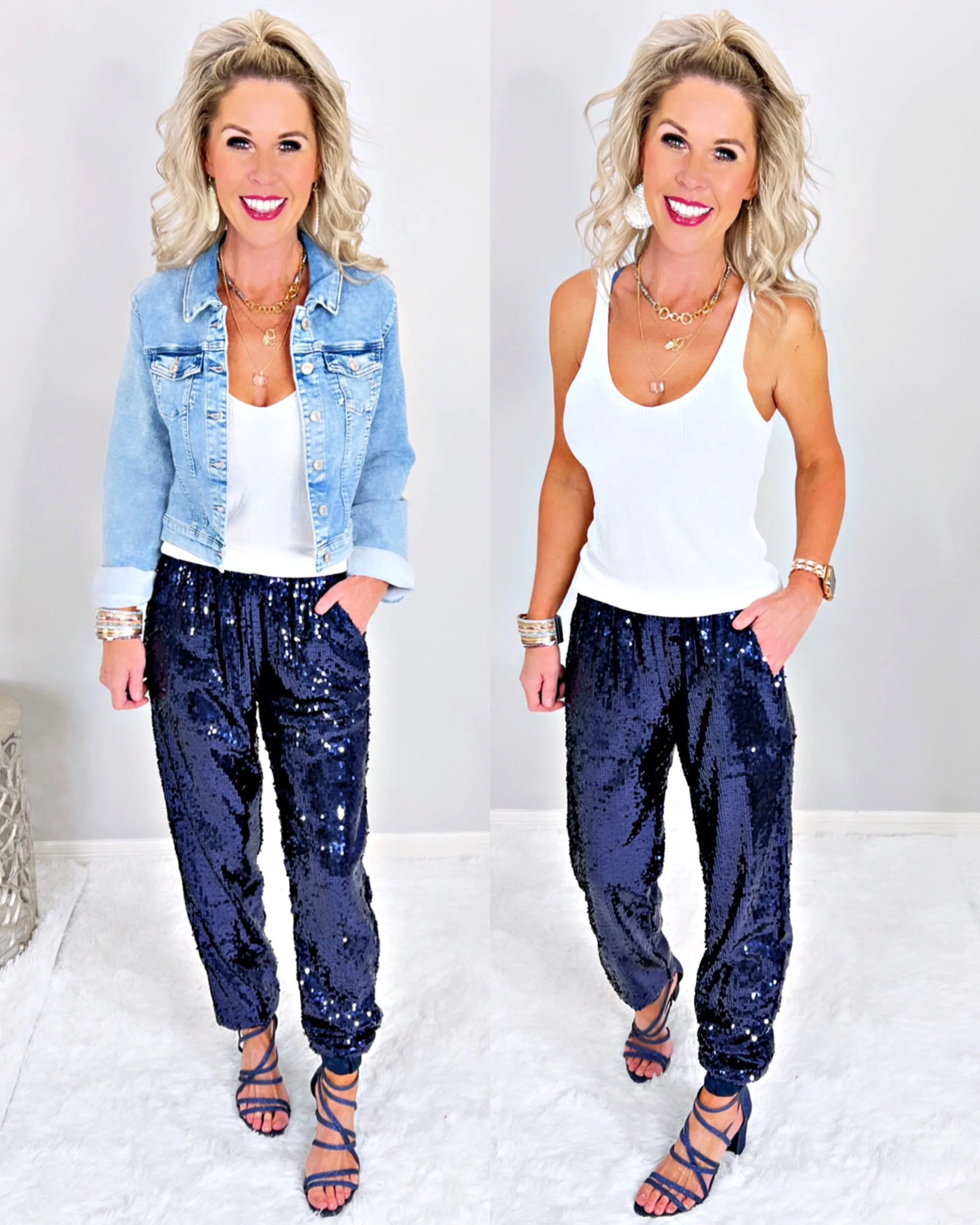 Sequin Joggers -Navy