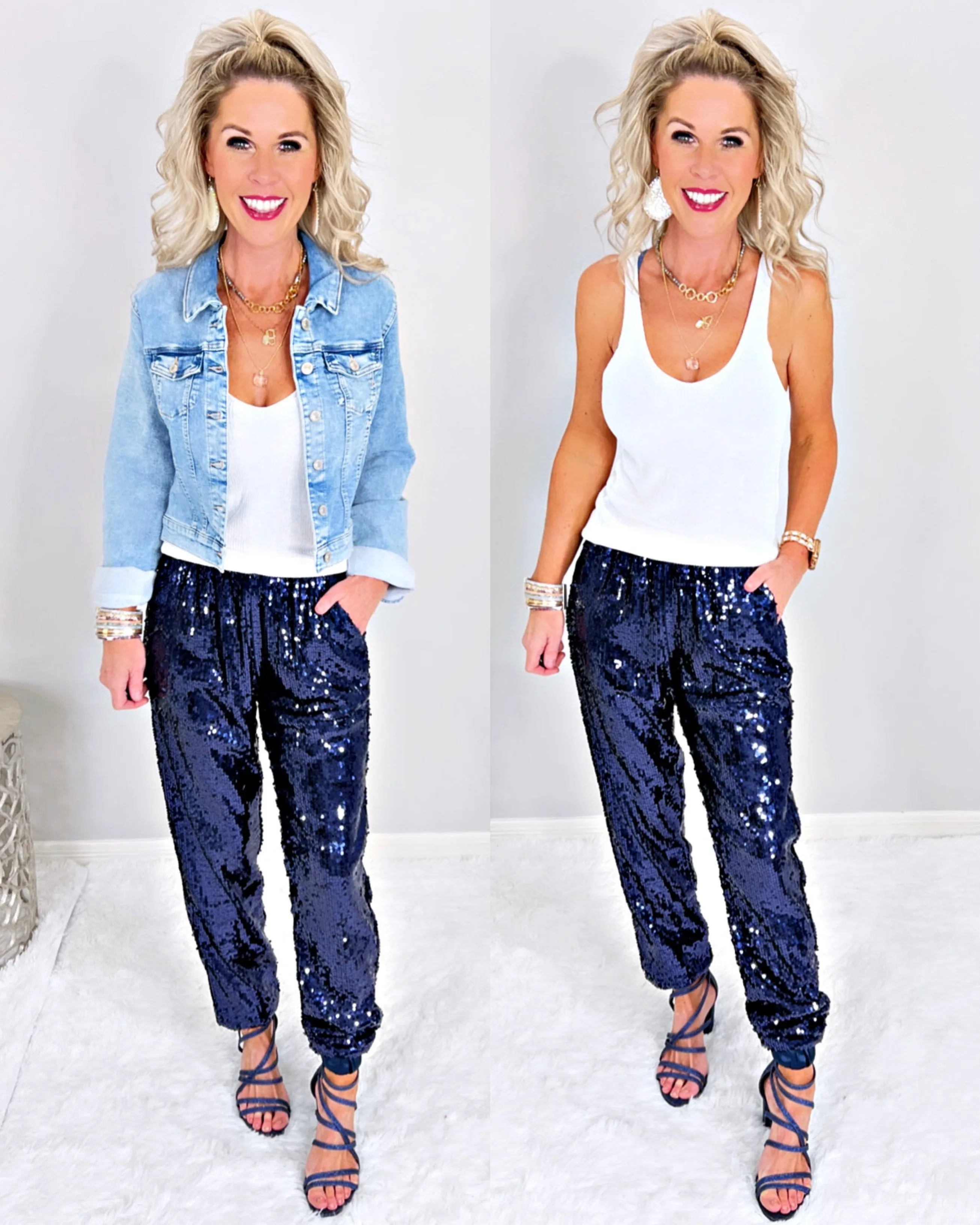 Sequin Joggers -Navy