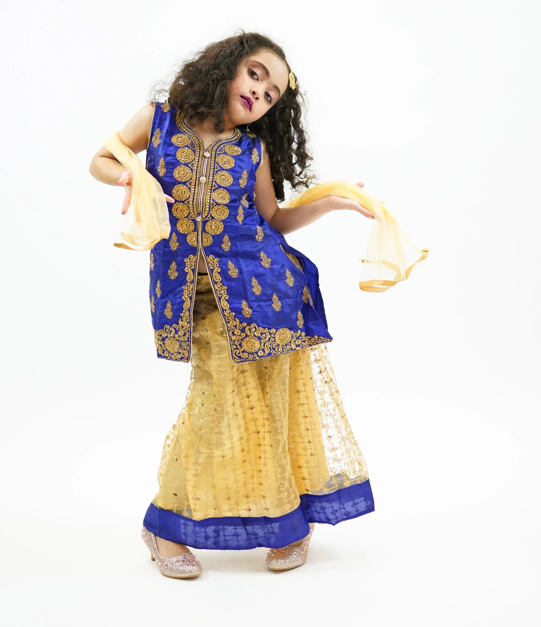 Silk Gold With Egyptian Blue Trim Lehenga Skirt