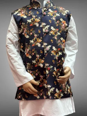 Silk Navy Blue Floral Printed Kids Vest