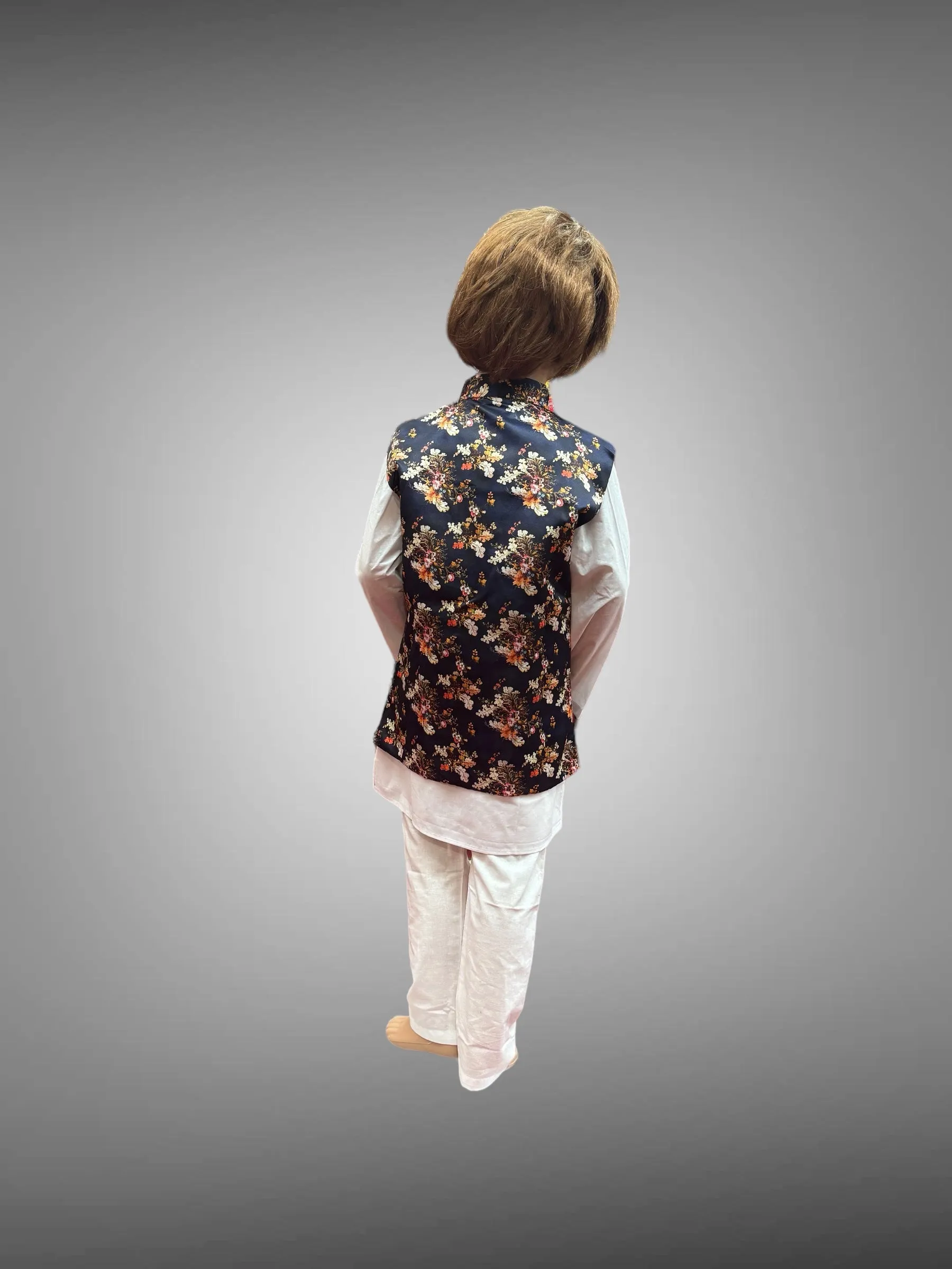 Silk Navy Blue Floral Printed Kids Vest