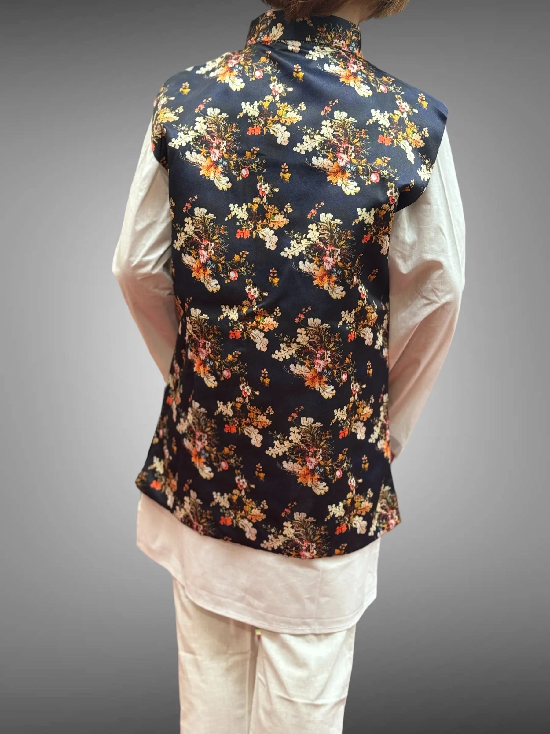 Silk Navy Blue Floral Printed Kids Vest