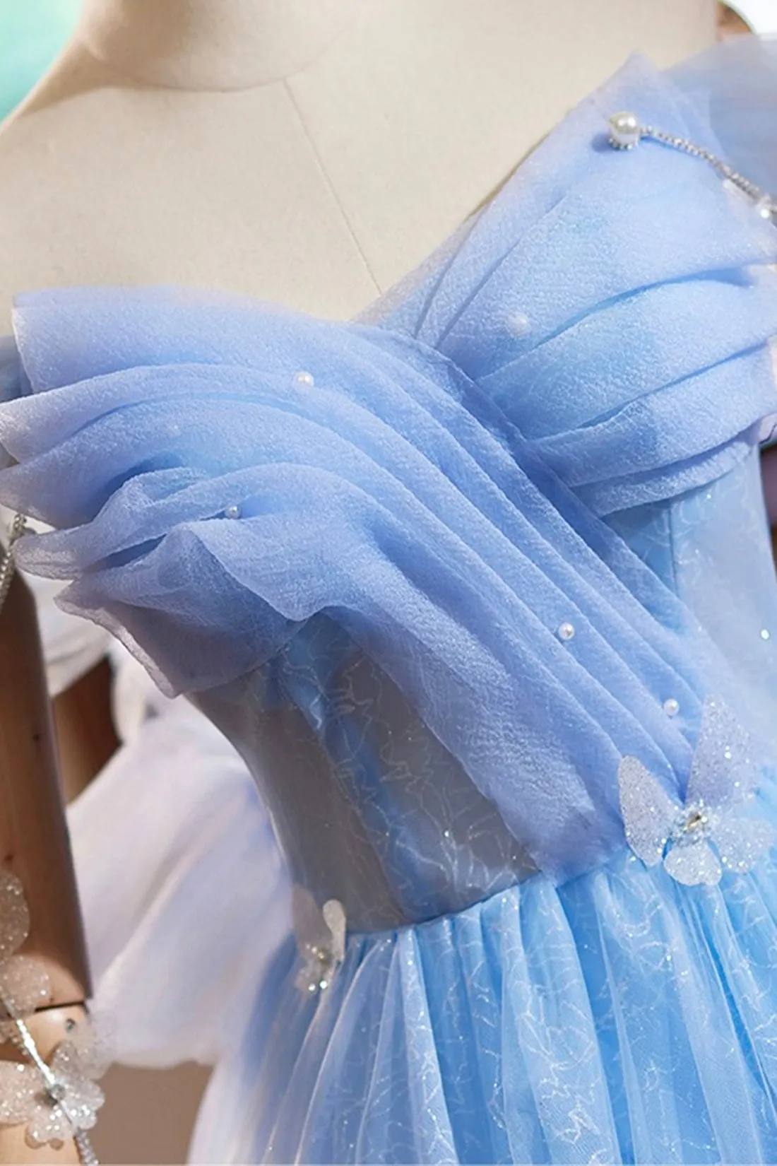 Sky Blue Glitter Pearl Tulle Short Prom Dress, Beautiful A-Line Off the Shoulder Evening Party Dress