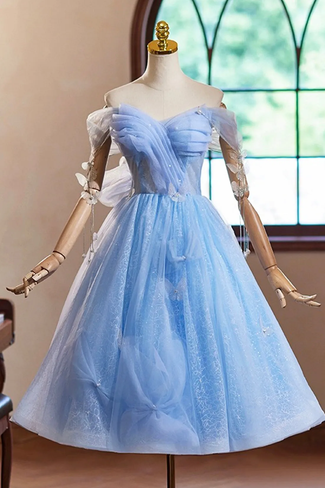 Sky Blue Glitter Pearl Tulle Short Prom Dress, Beautiful A-Line Off the Shoulder Evening Party Dress