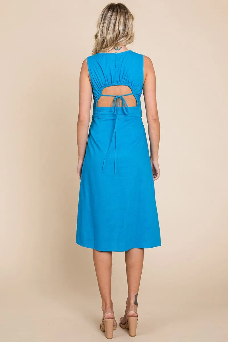 Sleeveless Tied Backless Pleated Midi Linen Dress