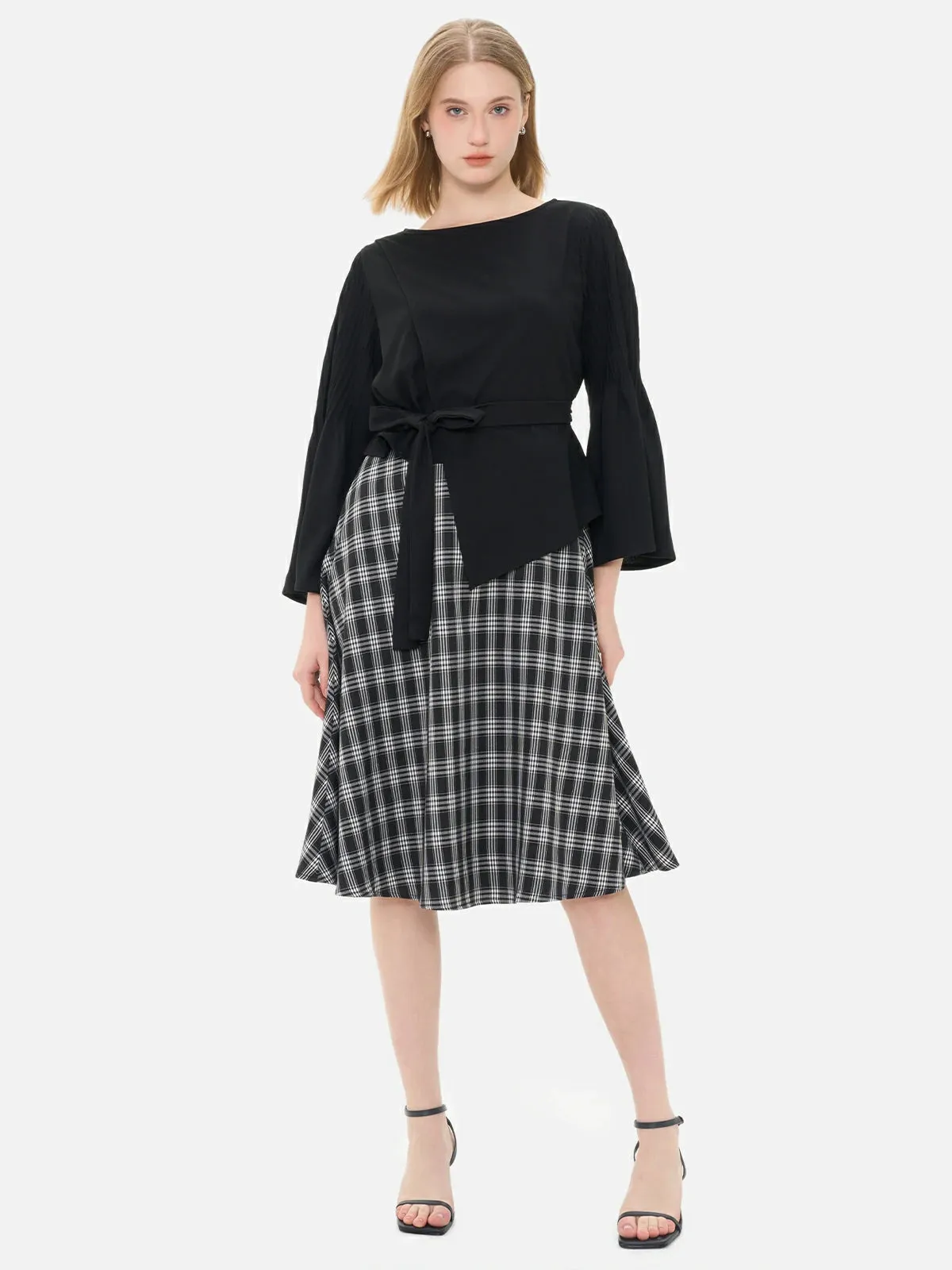 Stylish Patchwork Plaid Bell Sleeves Dress