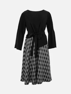 Stylish Patchwork Plaid Bell Sleeves Dress