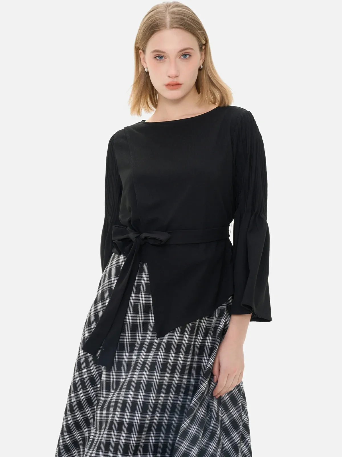 Stylish Patchwork Plaid Bell Sleeves Dress