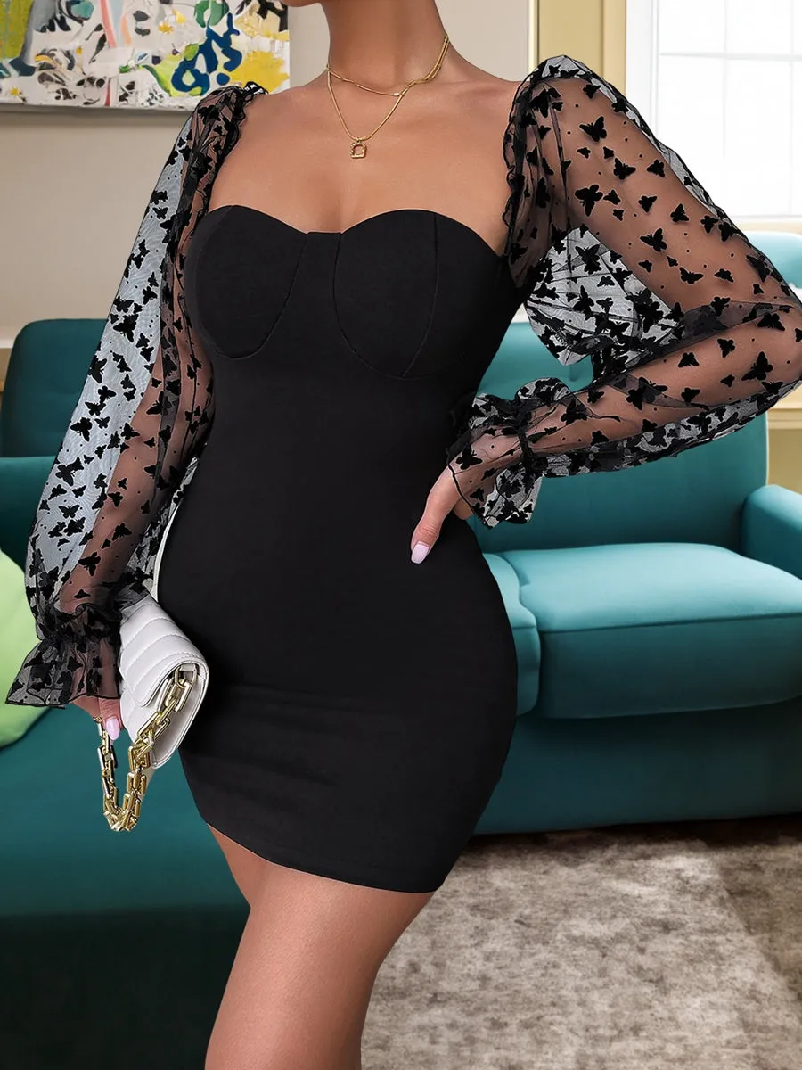 Sweetheart Neck Mesh Sleeve Dress