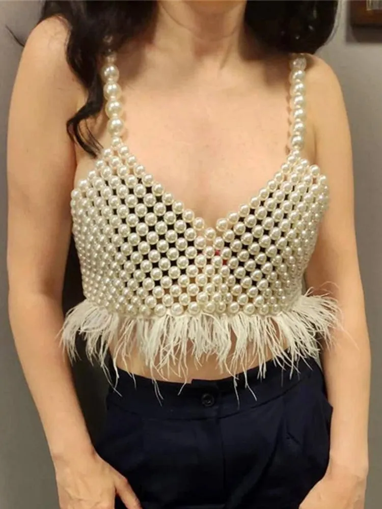 Tank Top Sleeveless Backless Feather Pearl Vest