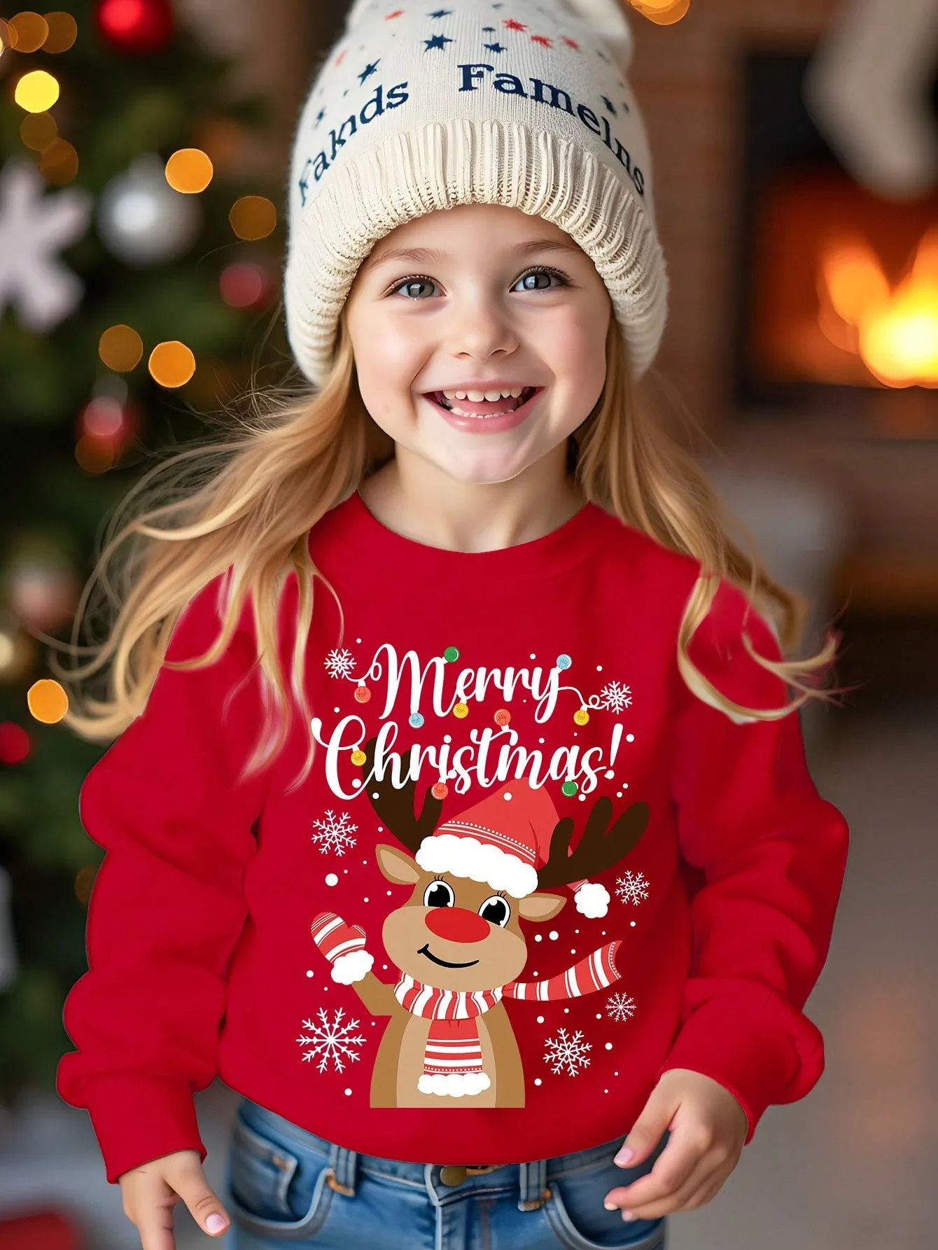 Textured knitted sweatshirt|Christmas Adorable Reindeer Print Young Girls Knitted Sweatshirt