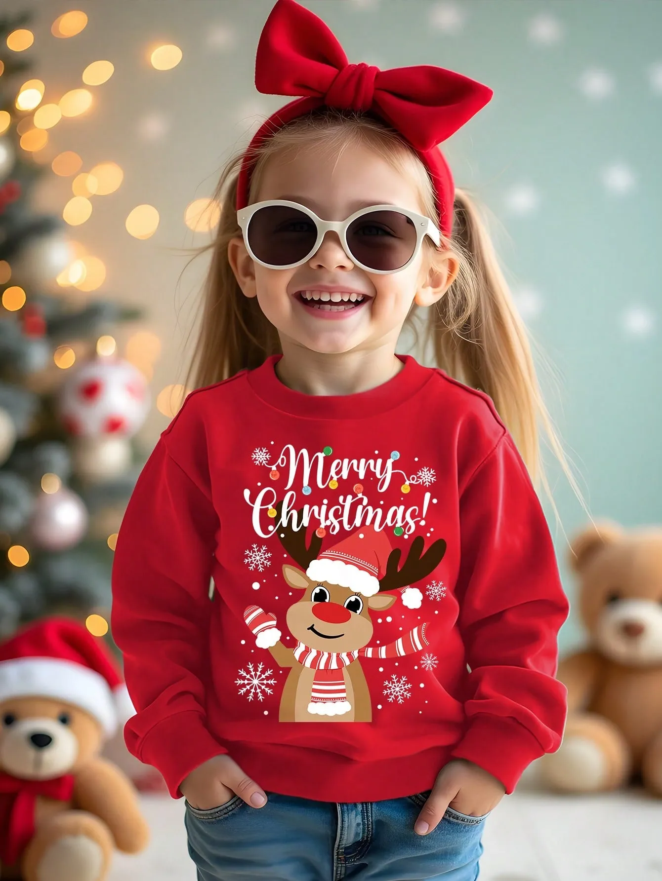 Textured knitted sweatshirt|Christmas Adorable Reindeer Print Young Girls Knitted Sweatshirt