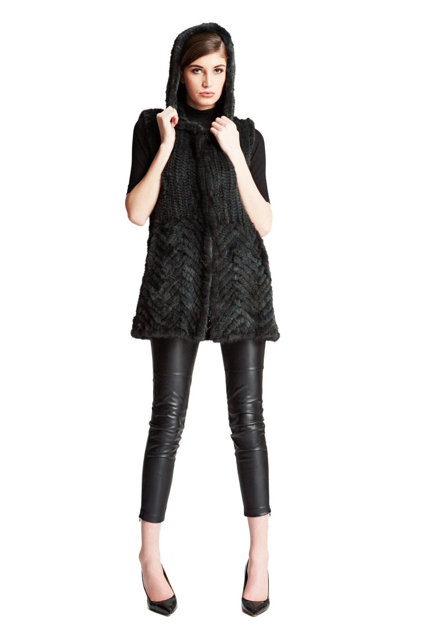 THE LOOE - Knitted Mink Fur Vest with Chevron Panel and Hood