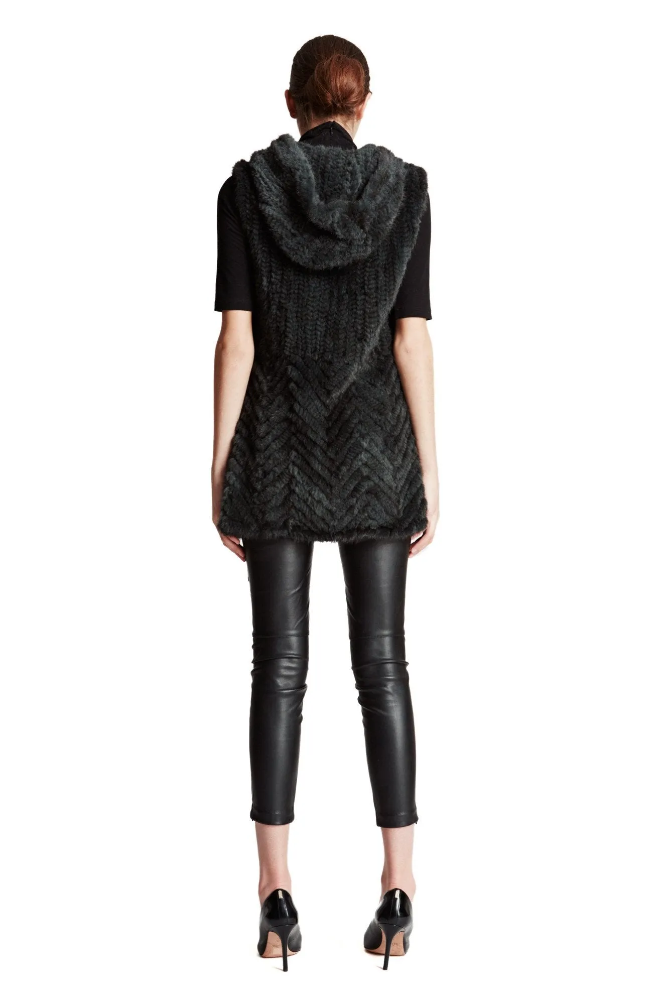 THE LOOE - Knitted Mink Fur Vest with Chevron Panel and Hood